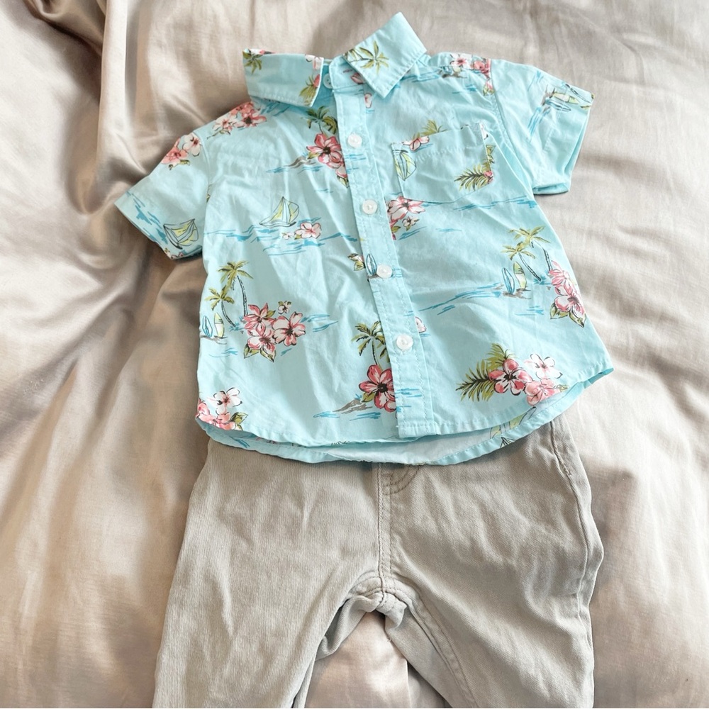 3-6 Month Levi's Tan Pants and Carters Blue Tropical Button Down Matching Set